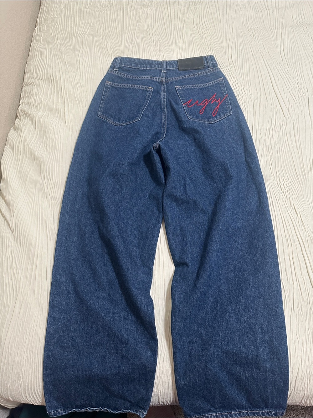 2manyugly Wide Leg Dark Blue unisex Jeans with Back Pocket Script